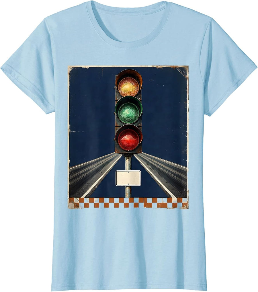 Women's Vintage Staging Light Tower Racing Enthusiast Checkered Flag T-Shirt - Baby Blue