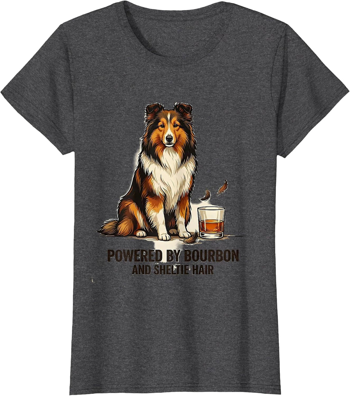 Women's Powered By Bourbon And Sheltie Hair Vintage Dog Owner Coffee T-Shirt - Dark Heather Grey