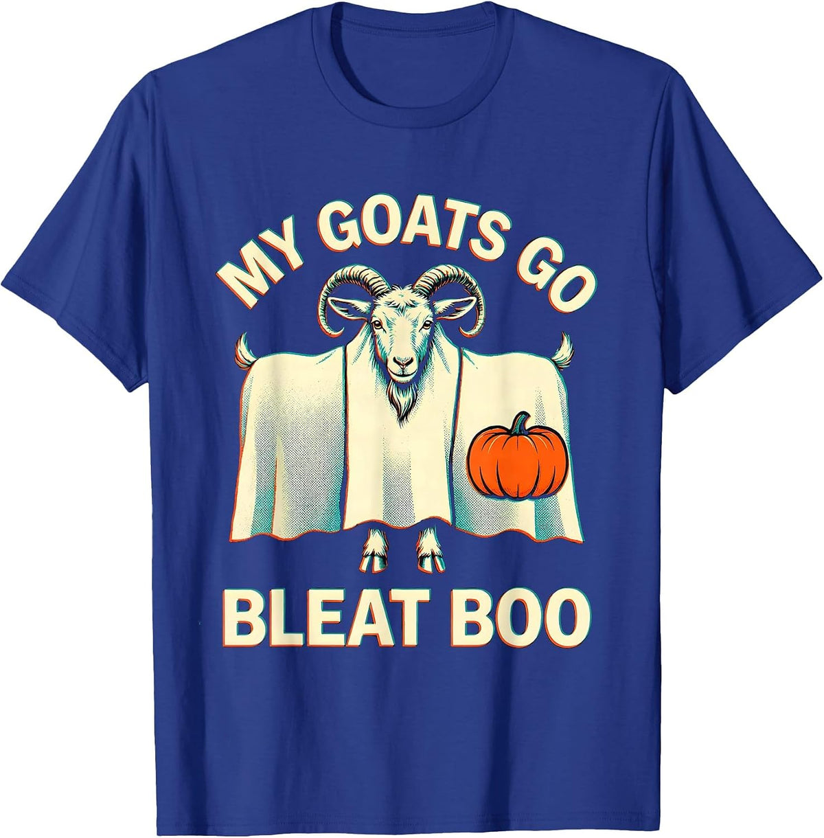 My Goats Go Bleat Boo Risograph Halloween Goat Farmer Funny T-Shirt - Royal Blue