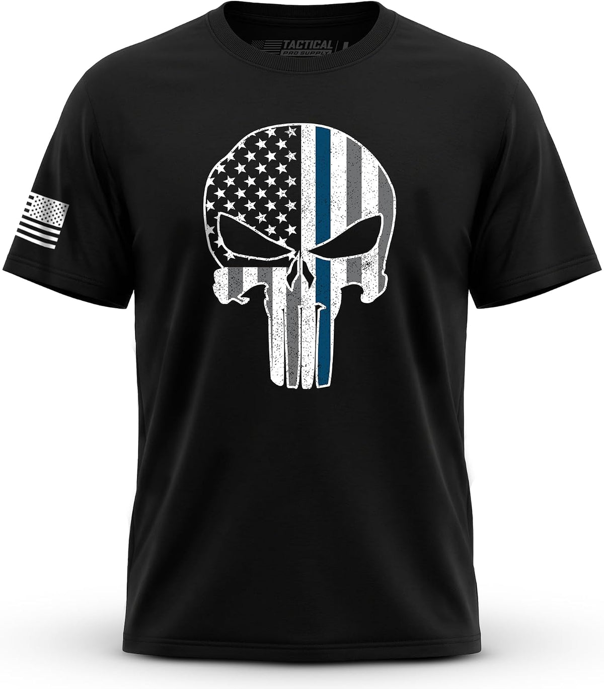 Blue Line Men’s Short Sleeve Cotton Patriotic T-Shirt Made in USA - Punisher Blue Line