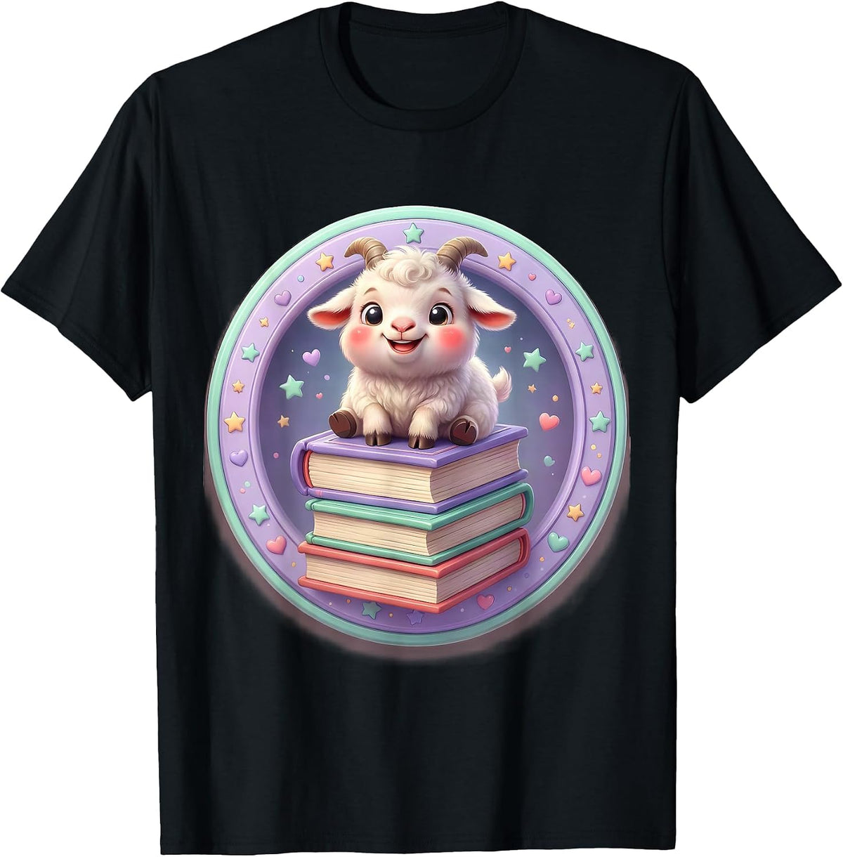 Men's Goat Standing on Stacked Books Illustration T-Shirt - Black