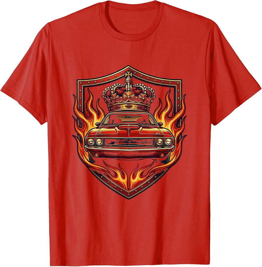 Men's Classic Muscle Car Racing Flames Graphic T-Shirt - Red