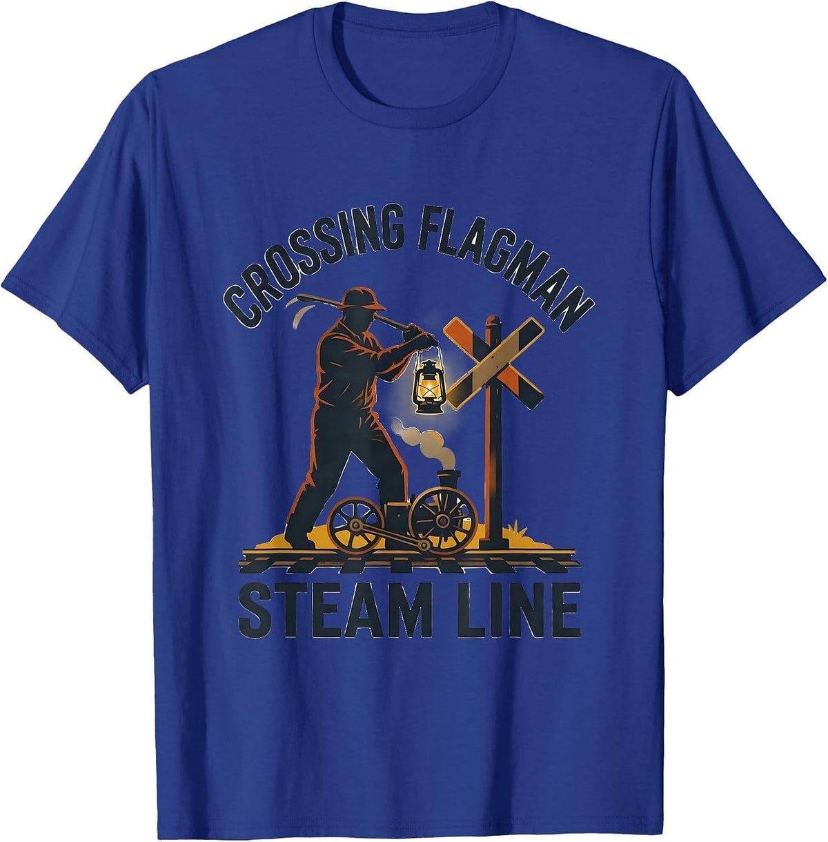 Crossing Flagman Steam Line Vintage Steam Locomotive Train T-Shirt - Royal Blue
