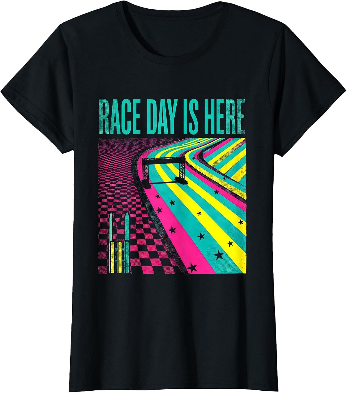 Women's Race Day Is Here Risograph Patriotic Drag Racing Checkered T-Shirt - Black