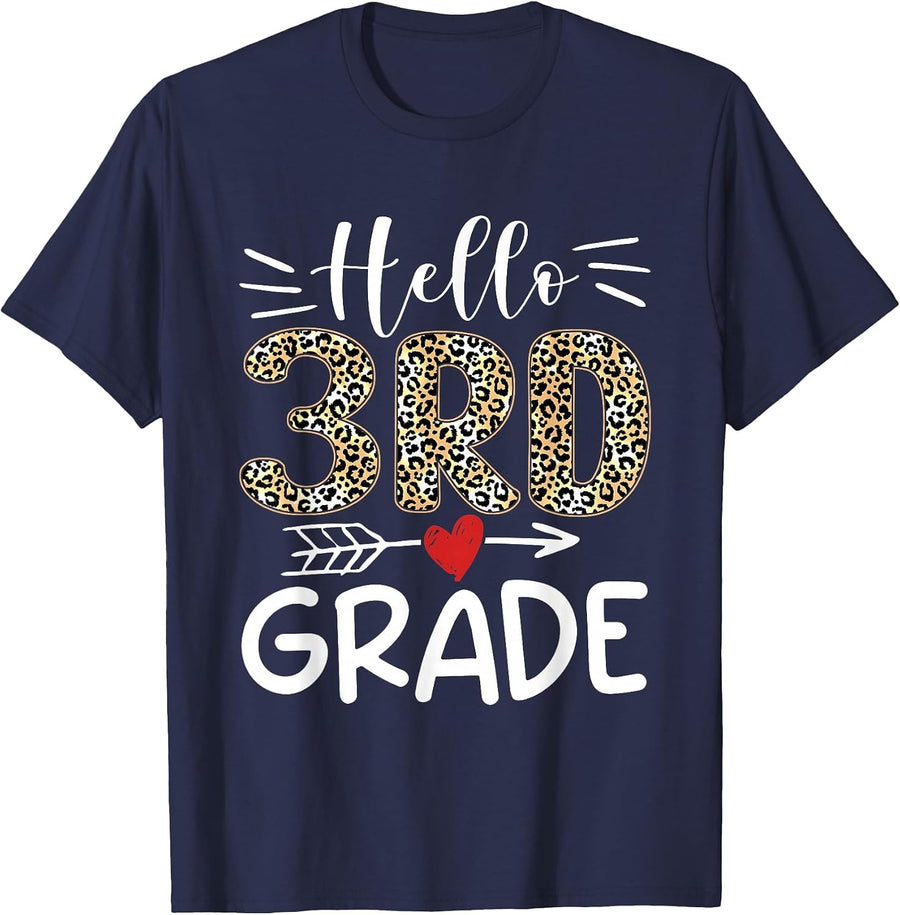 Hello Third Grade Leopard 1st Day of School Team 3rd Grade T-Shirt - Navy Blue