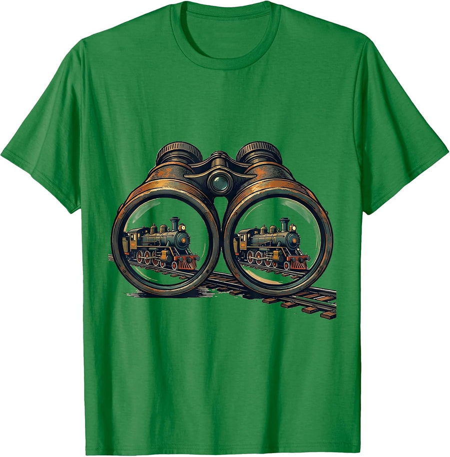 Men's Oversized Binoculars Steam Locomotive Train Enthusiast Humor T-Shirt - Kelly Green