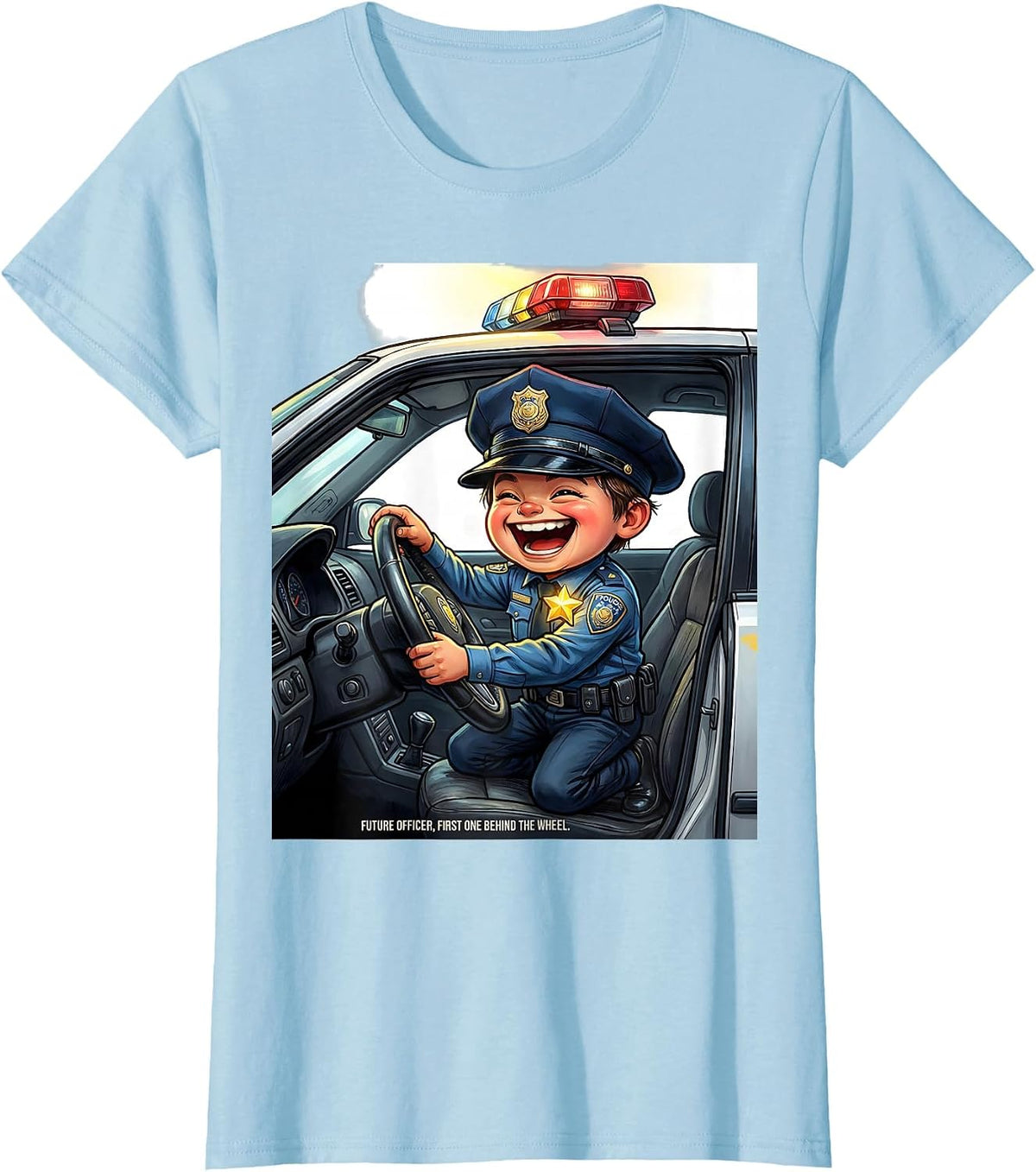 Future Officer, First One Behind The Wheel Cartoon T-Shirt - Baby Blue