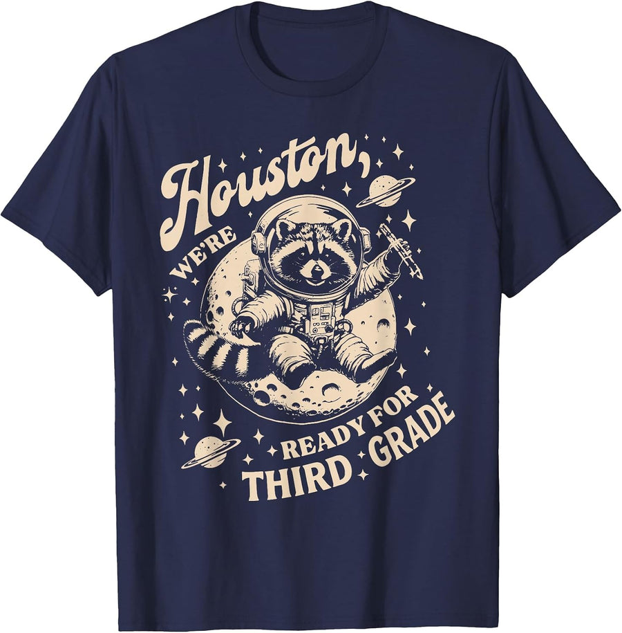 Houston We're Ready for 3rd Grade Raccoon Back to School T-Shirt - Navy Blue