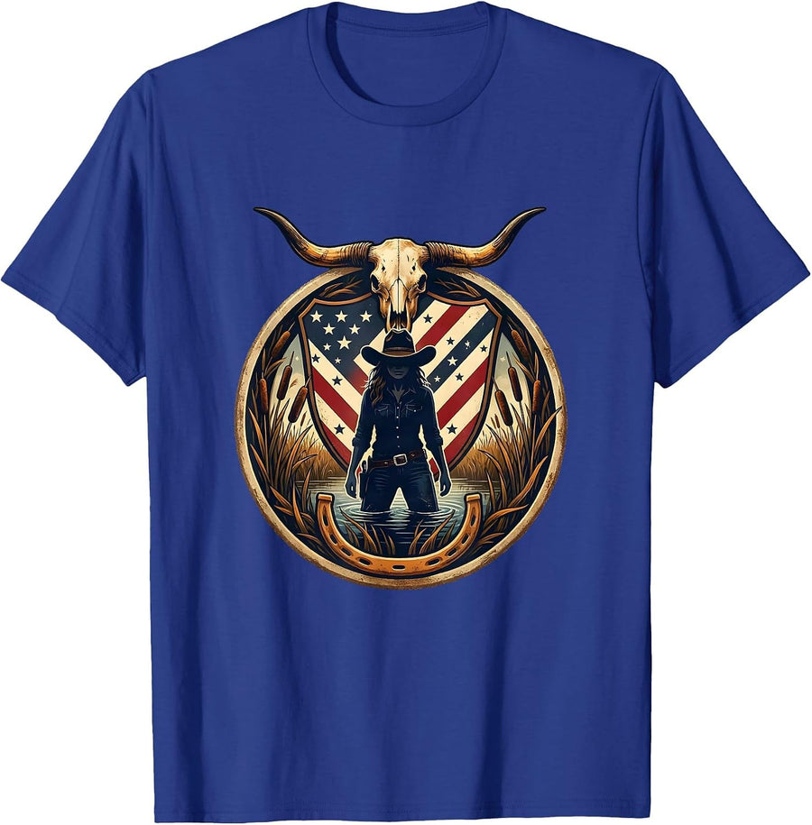 Camo Hunter Standing in Marsh Reeds Illustration T-Shirt - Royal Blue