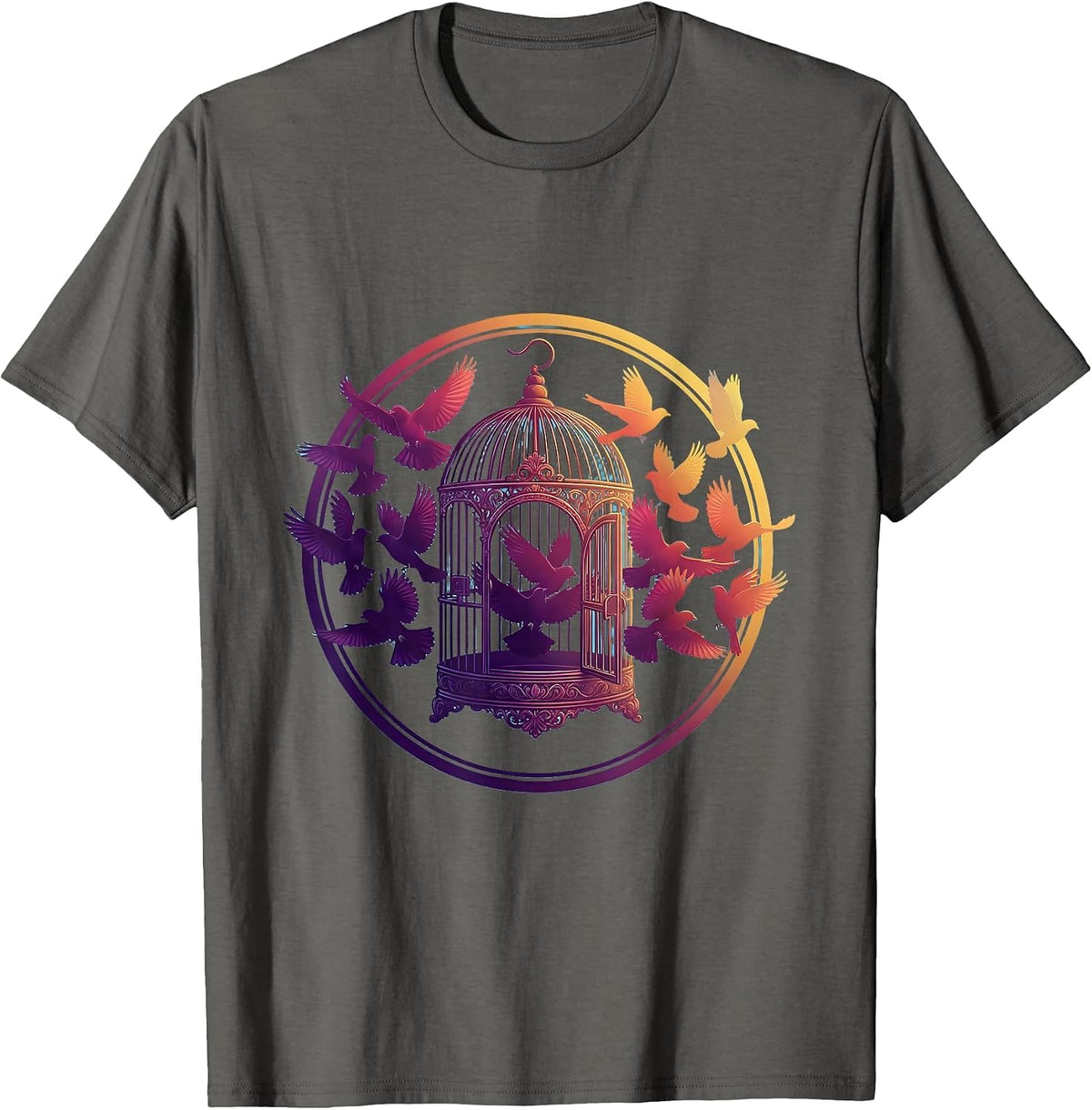 Neurodiversity Open Birdcage Birds Flying Free Art T-Shirt - Asphalt Grey