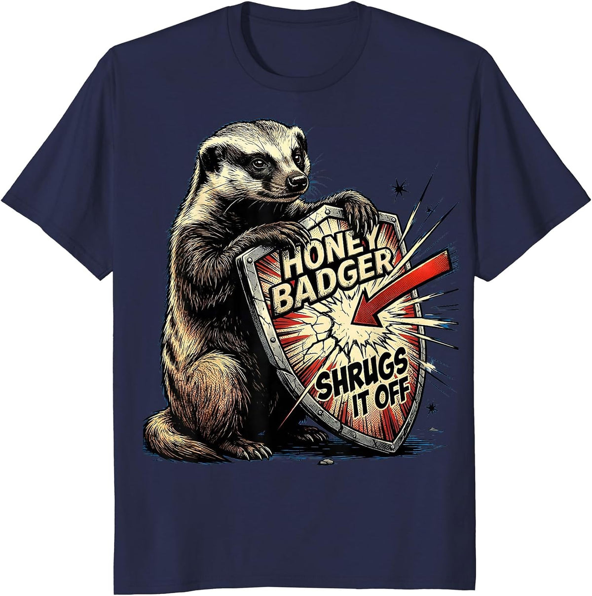 Men's Honey Badger Shrugs It Off Comic Book Animal Lover Humor T-Shirt - Navy Blue