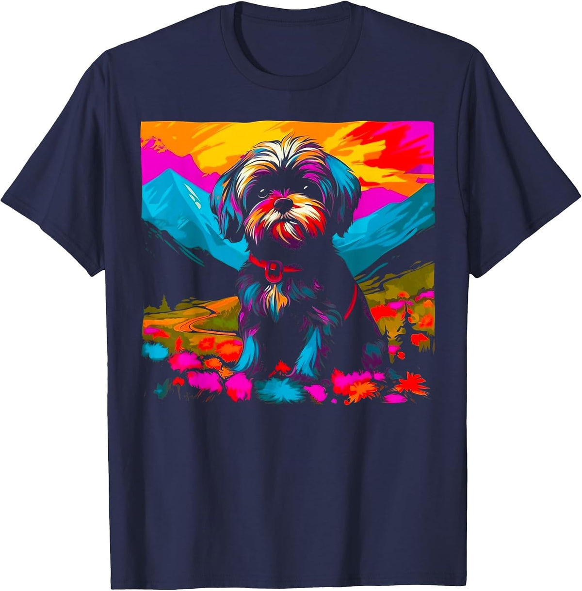Pop Art Shih Tzu Dog T-Shirt - Navy Blue