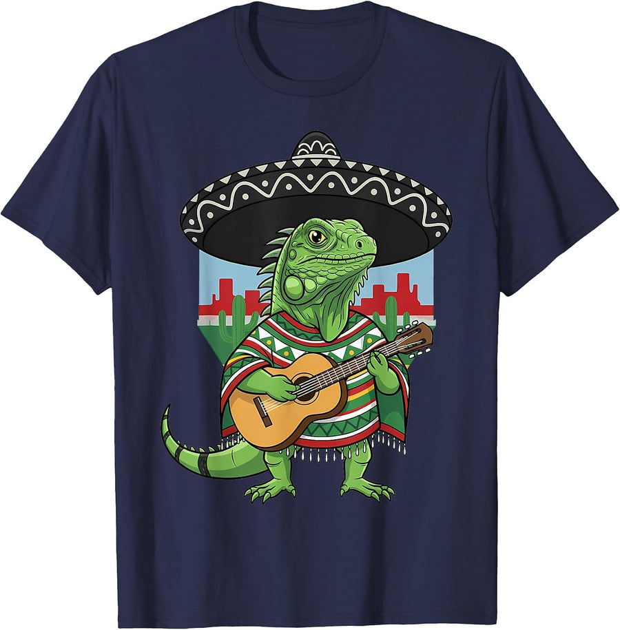Mexican Iguana Sombrero Mariachi Guitar T-Shirt - Navy Blue
