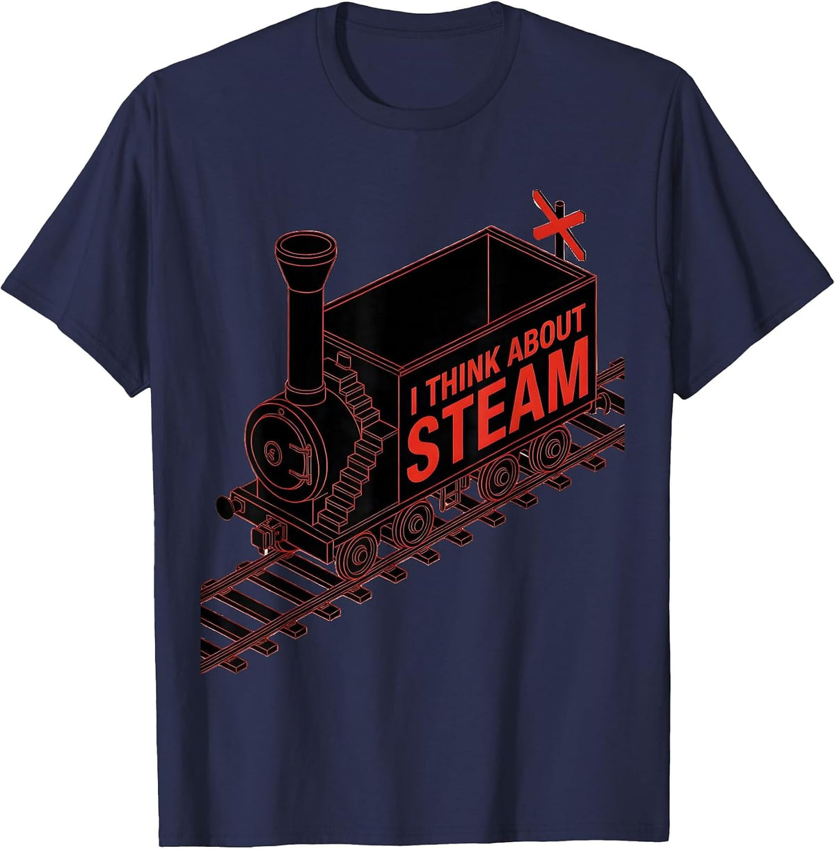 Men's I Think About Steam Geometric Vintage Steam Locomotive Train T-Shirt - Navy Blue