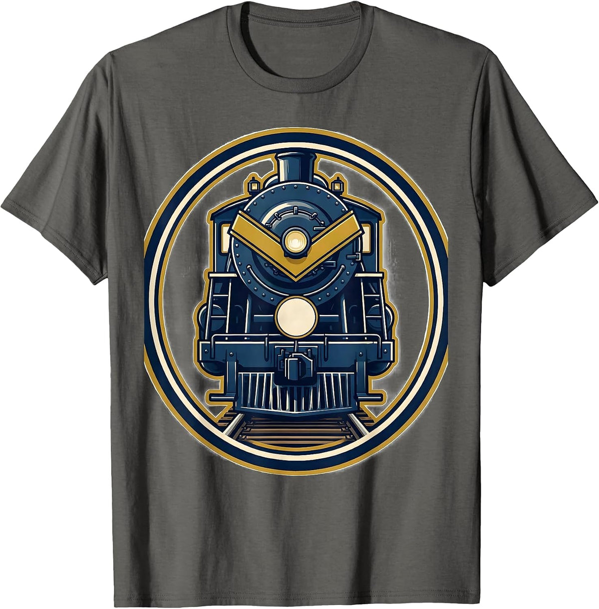 Men's Steam Locomotive Badge Train Enthusiast Vintage Humor T-Shirt - Asphalt Grey
