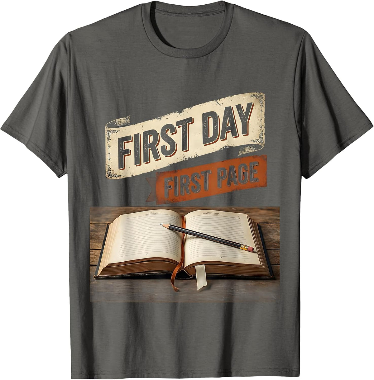 First Day, First Page Vintage English Literature Teacher T-Shirt - Asphalt Grey