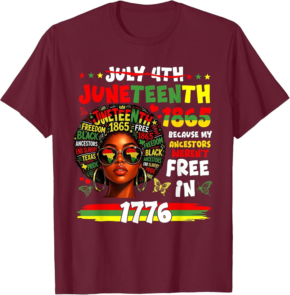 Juneteenth 1865 Afro African American 4th of July Men Women T-Shirt - Burgundy