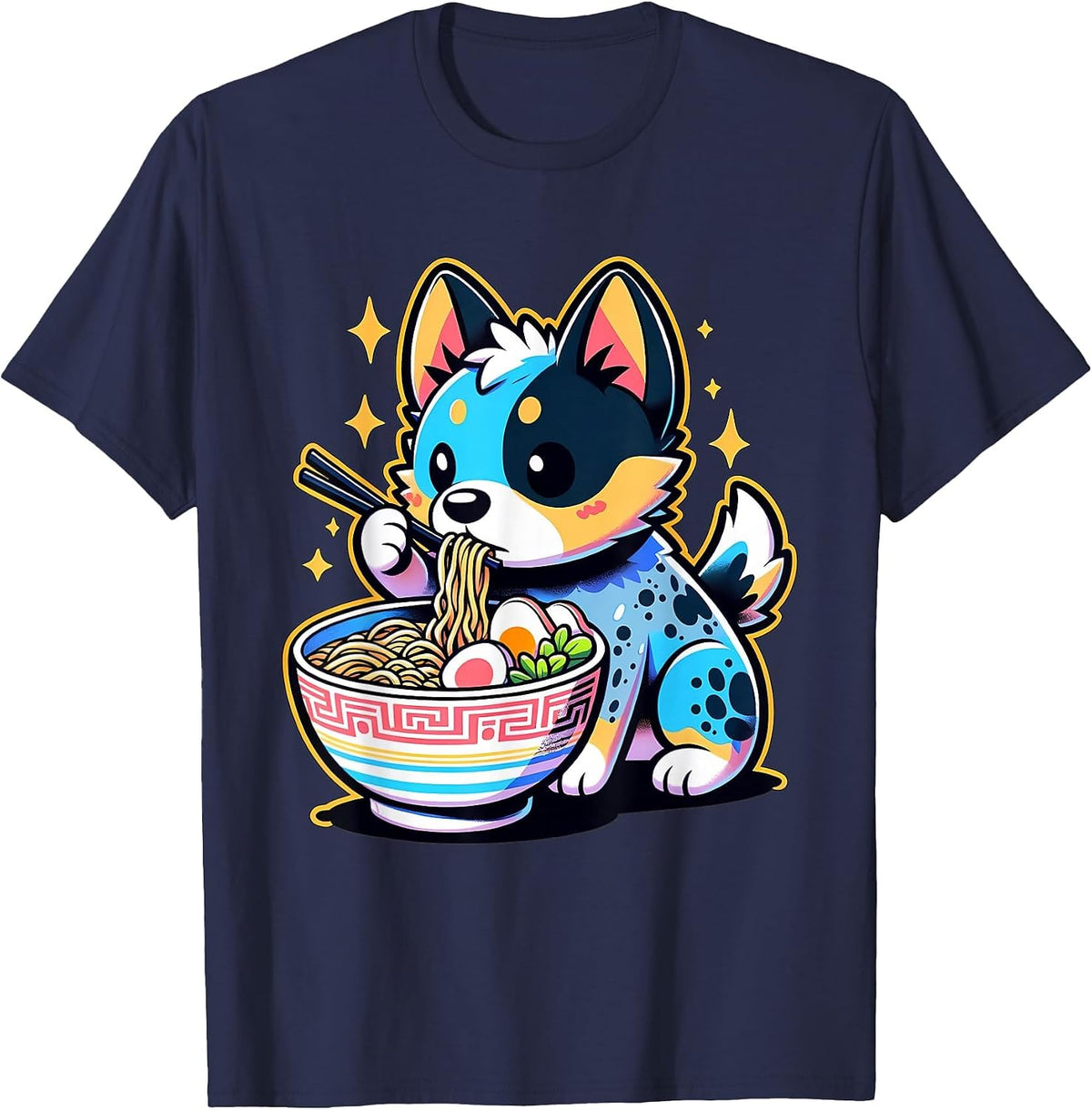 Kawaii Anime Blue Heeler Dog Ramen T-Shirt - Navy Blue