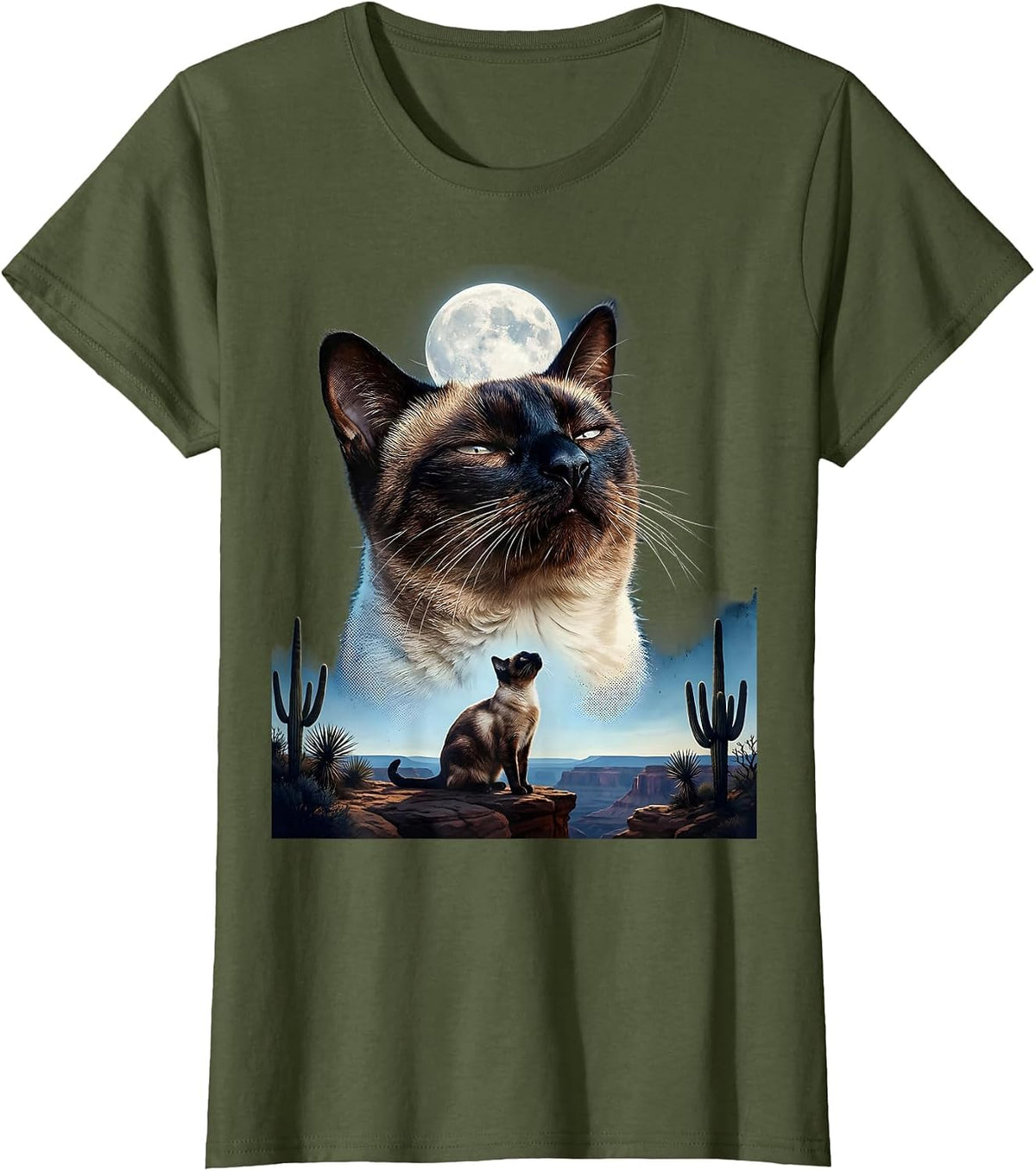 Women's Siamese Cat Howling at Moon 90's Retro T-Shirt - Olive Green
