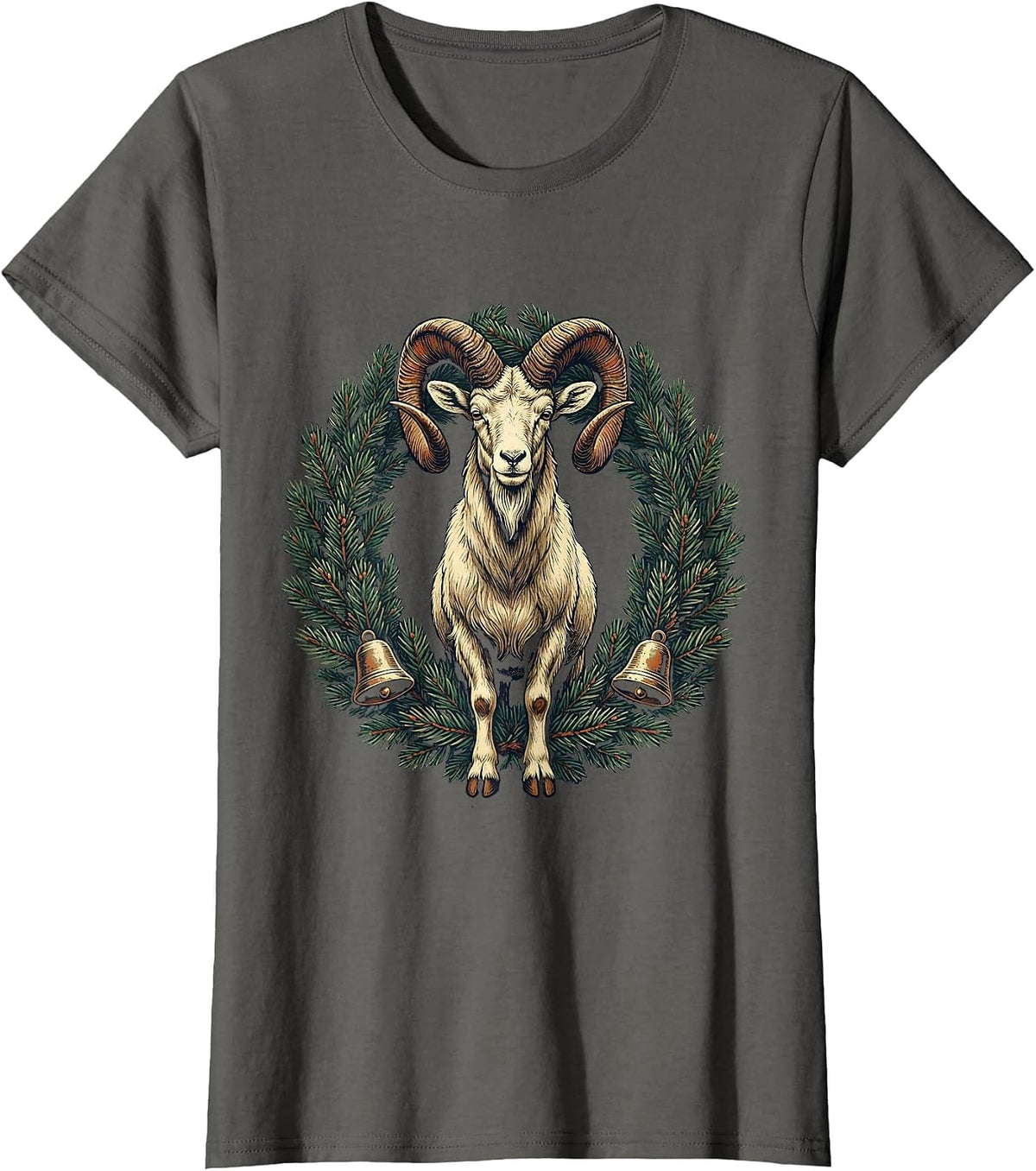 Women's Vintage Holiday Goat Tree Topper Novelty Christmas T-Shirt - Asphalt Grey