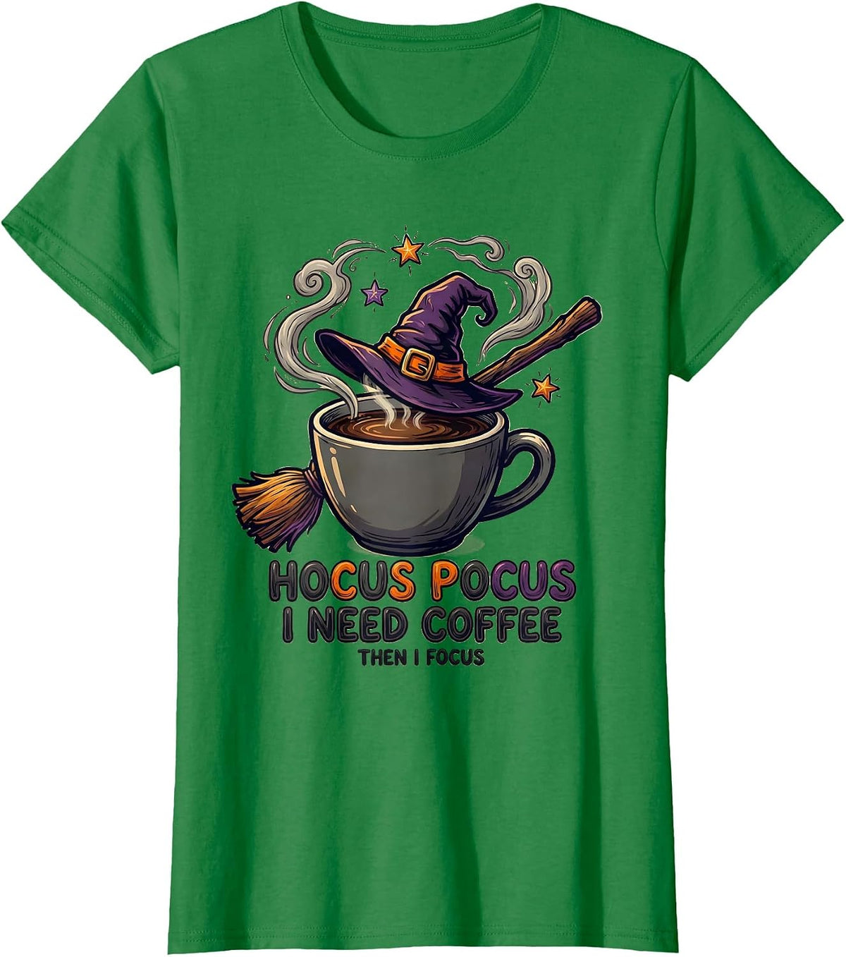 Women's Hocus Pocus I Need Coffee Then I Focus Halloween Teacher T-Shirt - Kelly Green