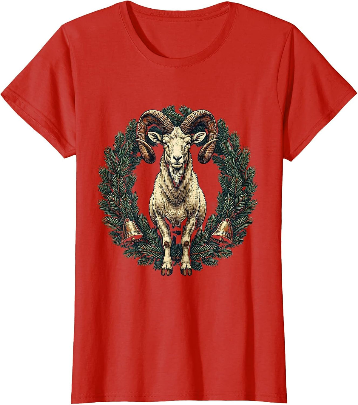 Women's Vintage Holiday Goat Tree Topper Novelty Christmas T-Shirt - Red