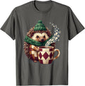 Cozy Hedgehog Knit Cap Christmas Coffee Lover Winter T-Shirt - Asphalt Grey