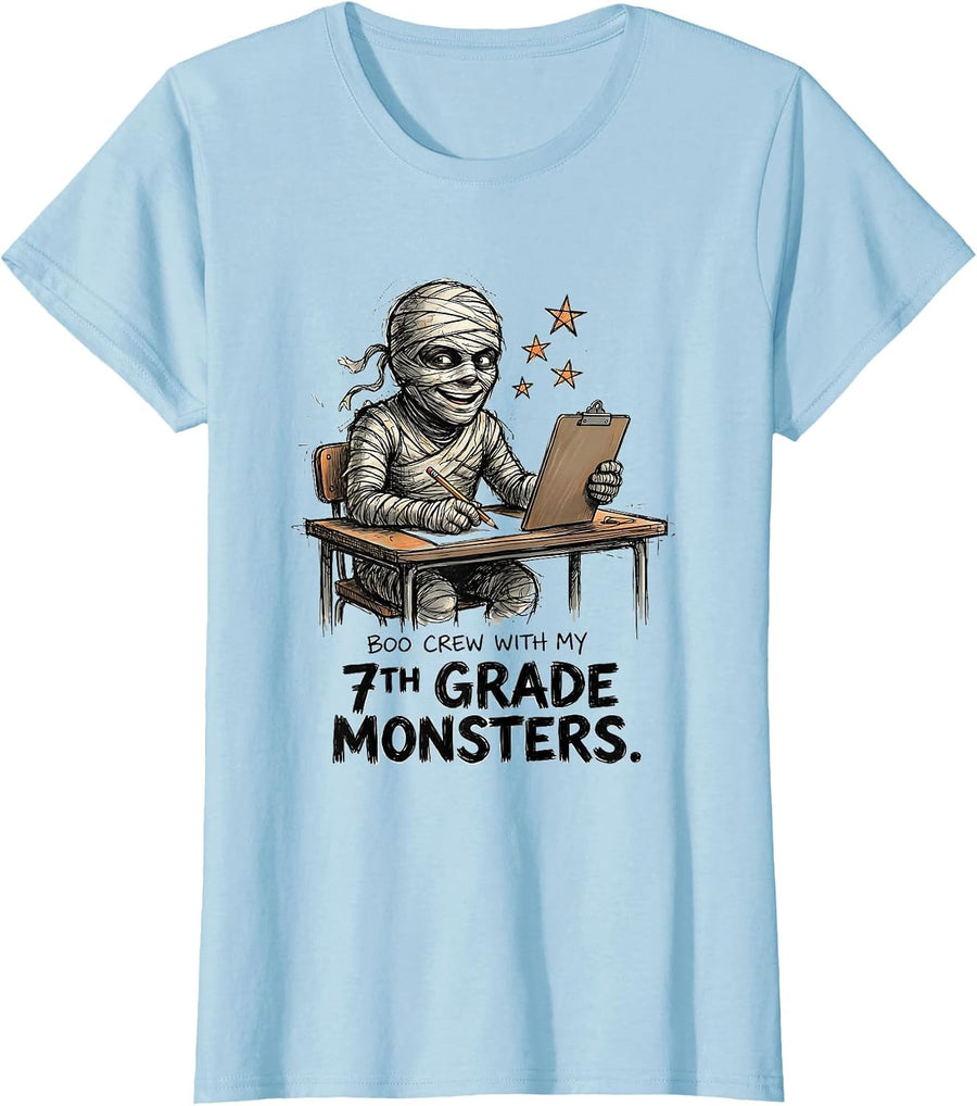 Women's Boo Crew With My 7th Grade Monsters Funny Halloween Teacher T-Shirt - Baby Blue