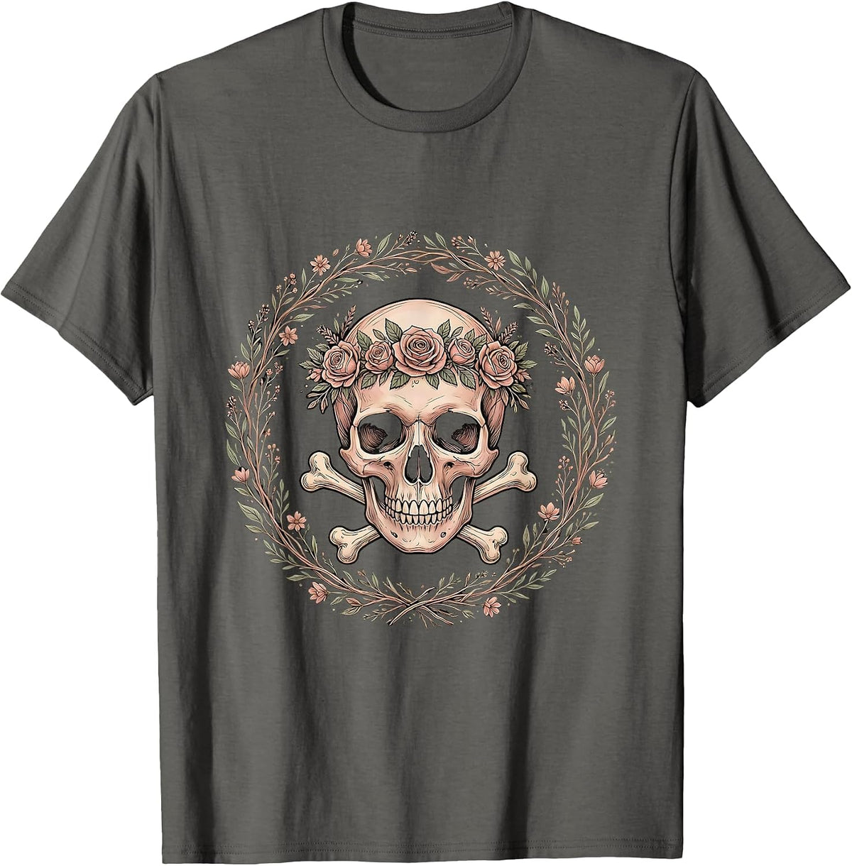 Men's Crowned Skull Crossbones Bold Gothic Art Design T-Shirt - Asphalt Grey