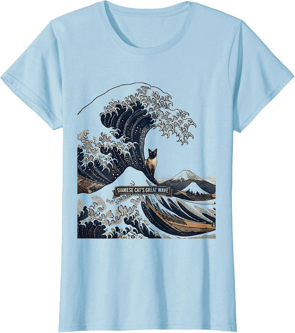 Women's Siamese Cat's Great Wave Crosshatch Etching Japanese Art T-Shirt - Baby Blue