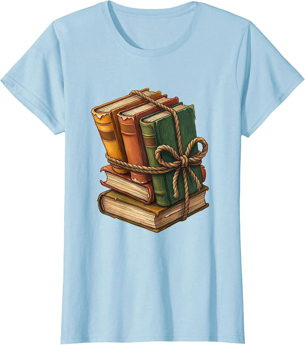 Stack of Books Tied With Rope Illustration T-Shirt - Baby Blue