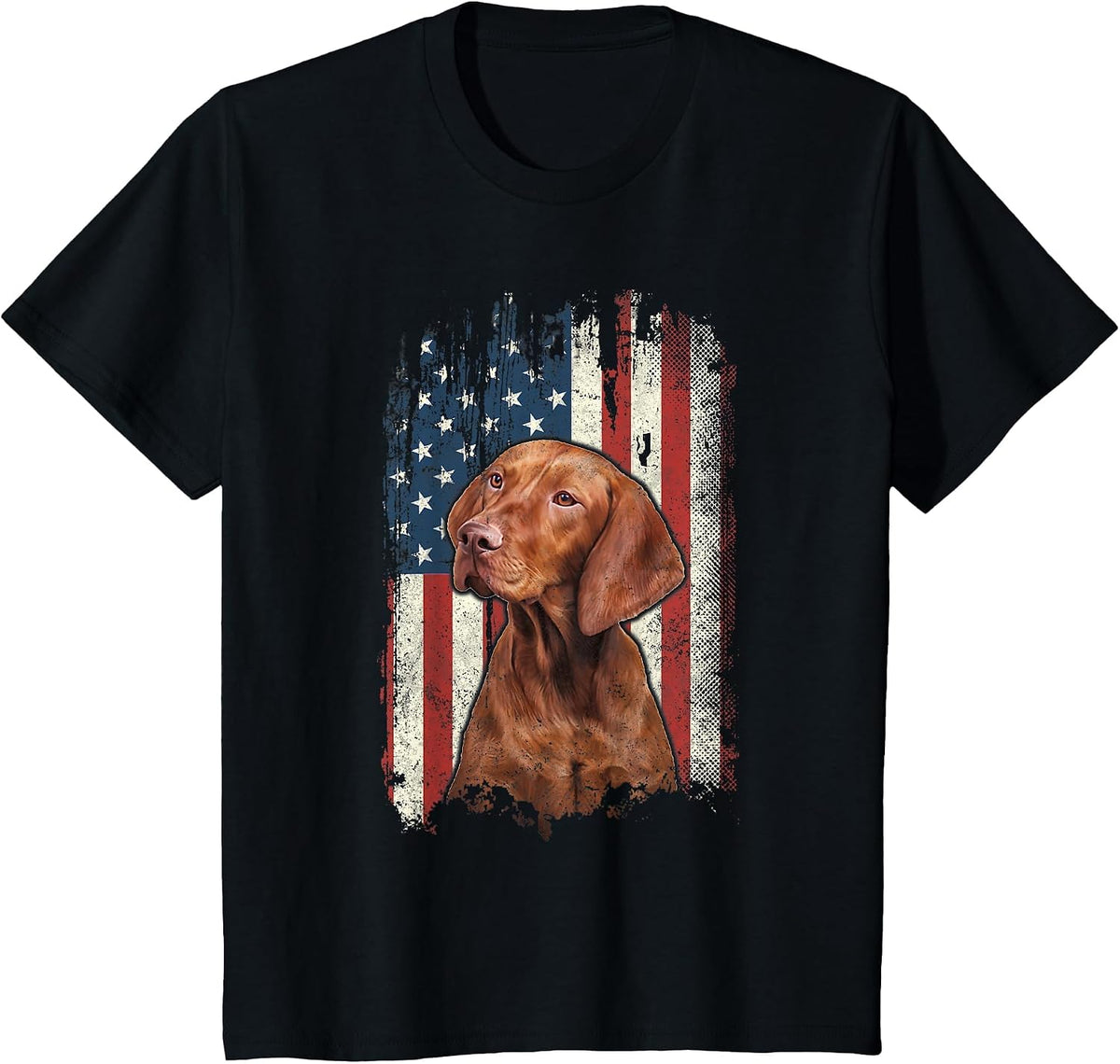 Distressed Vizsla American Flag Patriotic Dog T-Shirt - Black