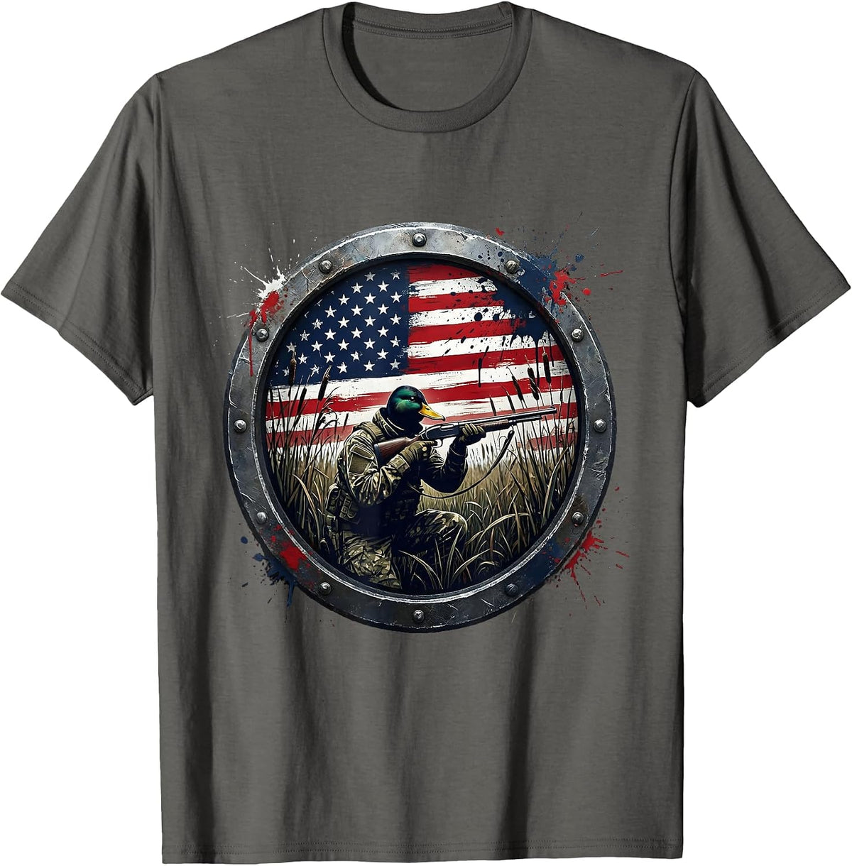 Camo Duck Hunter Crouching in Marsh Reeds T-Shirt - Asphalt Grey