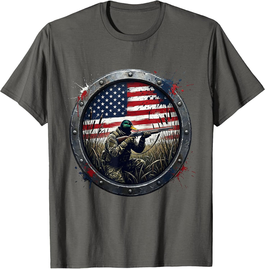 Camo Duck Hunter Crouching in Marsh Reeds T-Shirt - Asphalt Grey