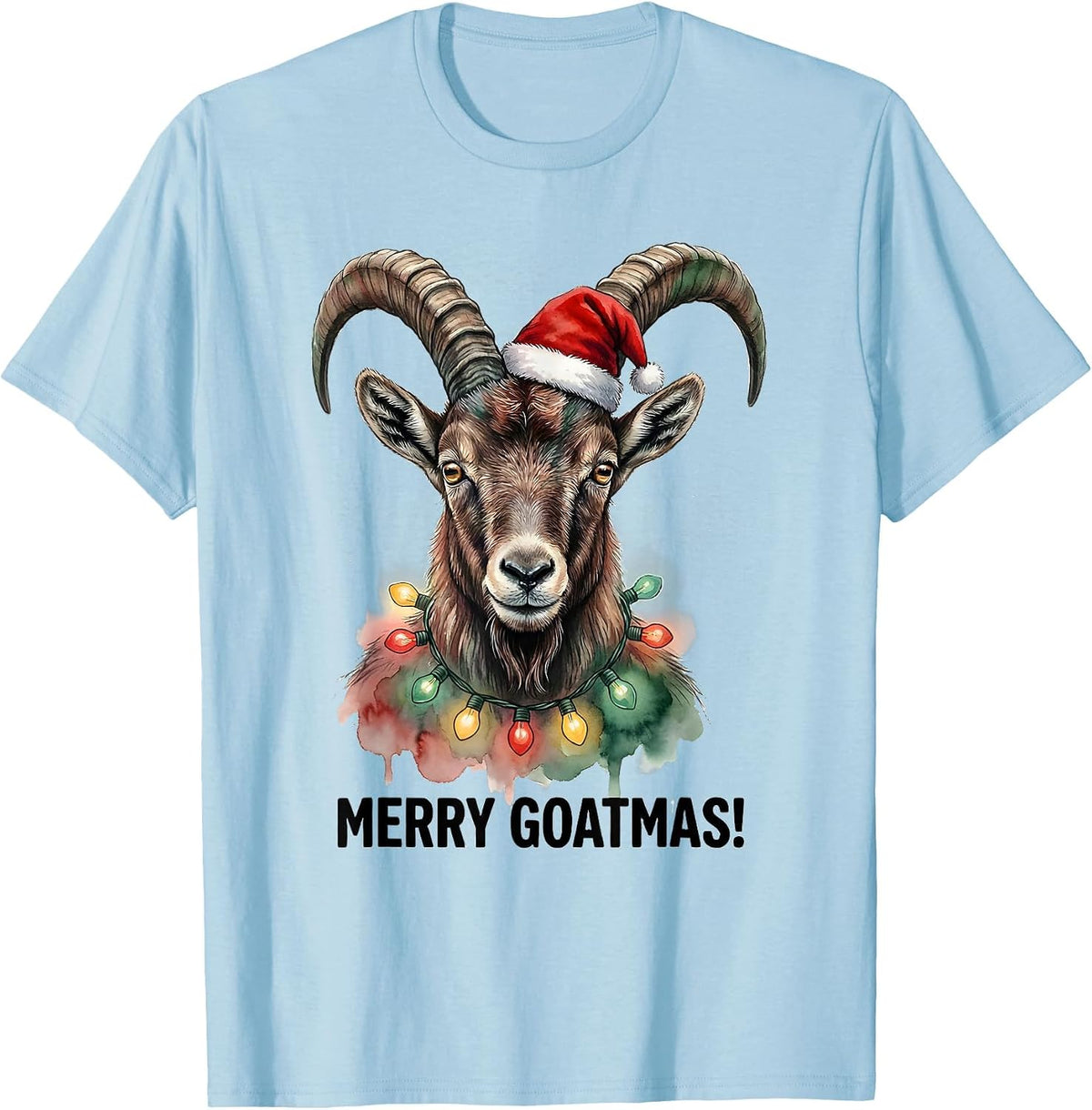 Merry Goatmas! Watercolor Goat Santa Hat Christmas Lights T-Shirt - Baby Blue