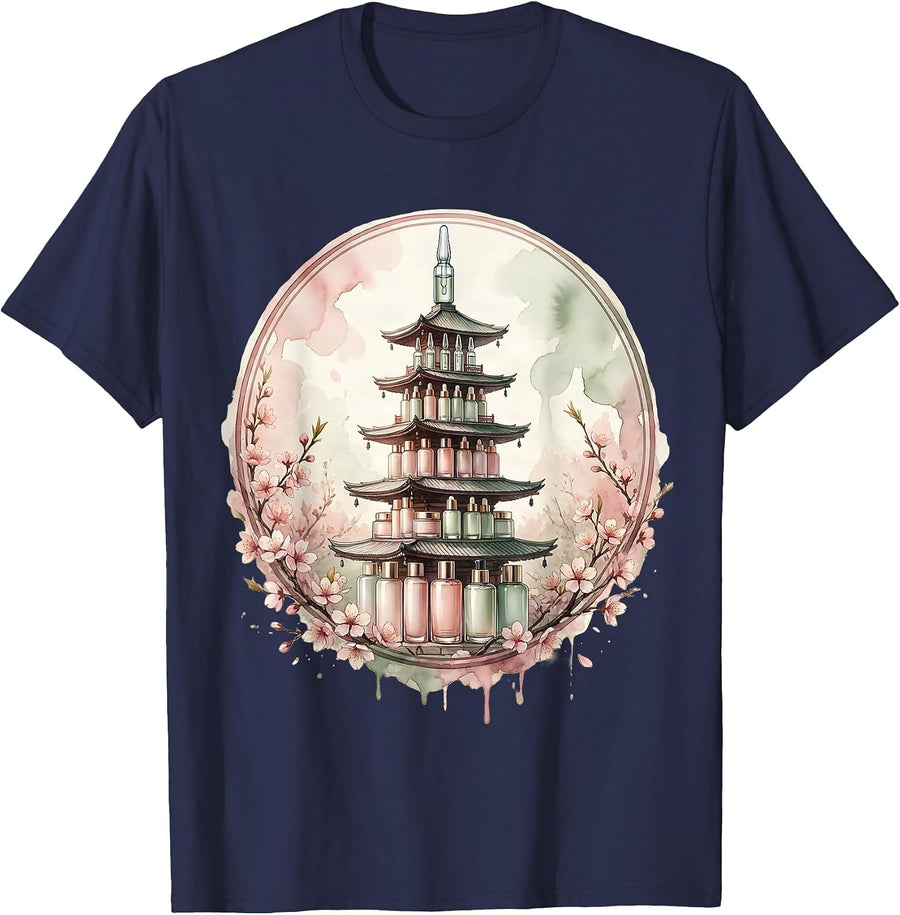 K-Beauty Skincare Pagoda Bottles Illustration T-Shirt - Navy Blue