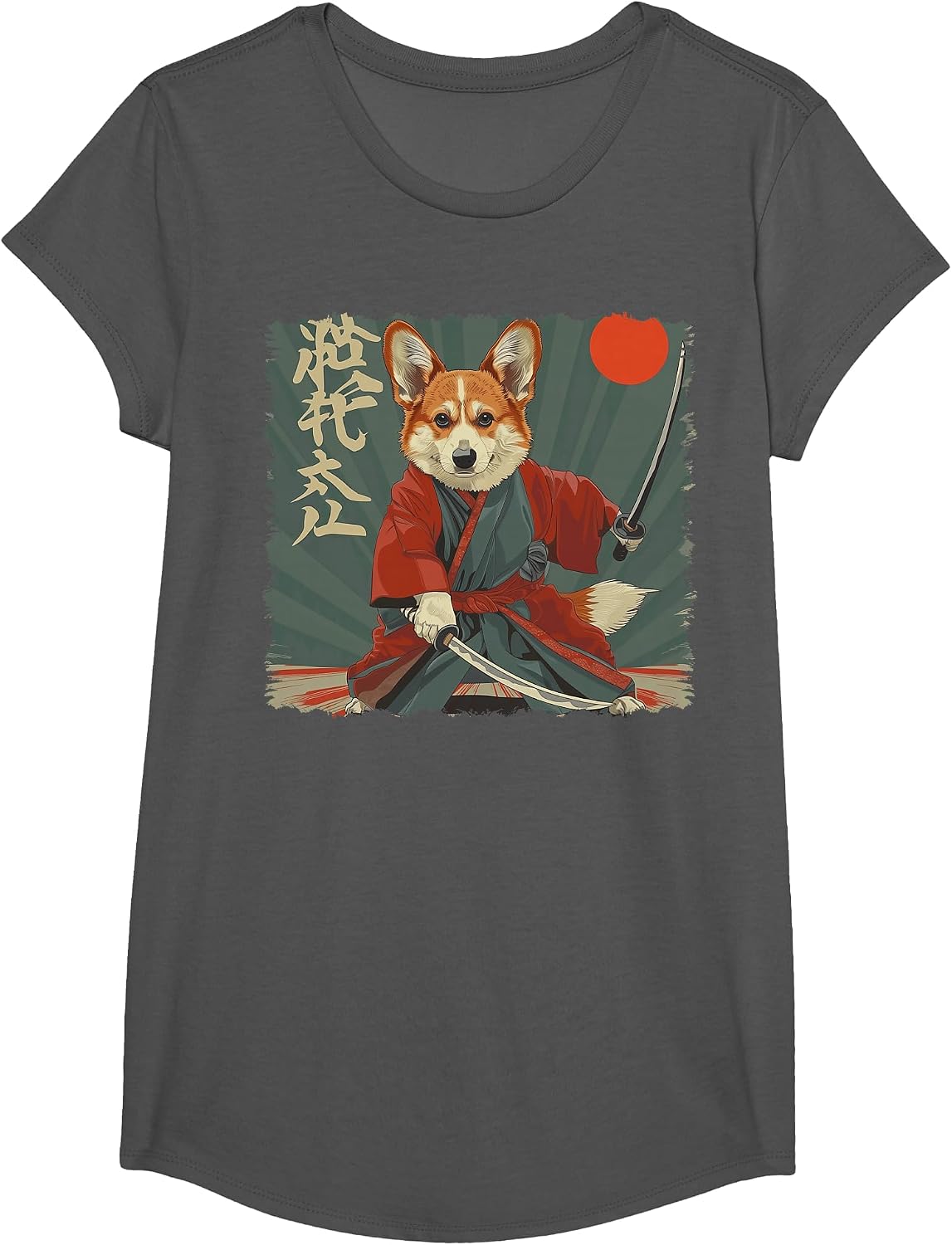 Pembroke Welsh Corgi Dog Japanese Art Samurai Ukiyo-e T-Shirt - Girls Asphalt Grey