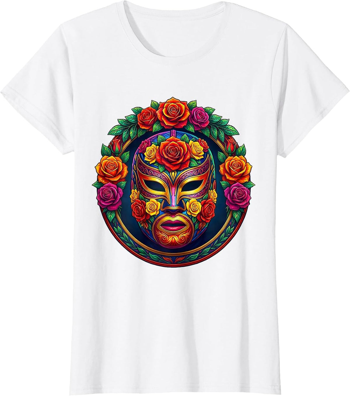 Women's Luchadora Mask with Roses Mexican Wrestling Art T-Shirt - White