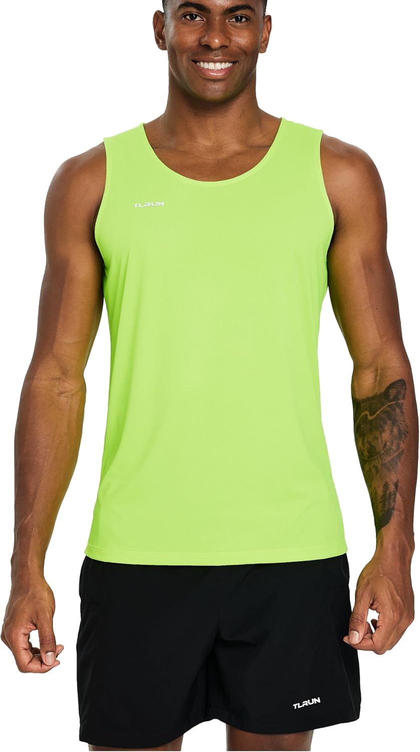 TLRUN Men’s Performance Running Tank Top Ultra Lightweight Singlet - Scoop Neck Fluorescent Yellow