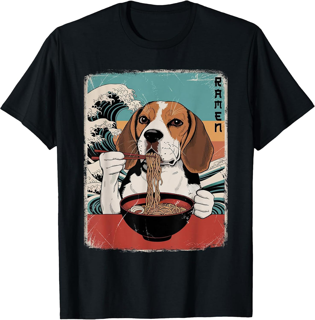 Beagle Eat Ramen Noodles Japanese Art Retro Ocean Waves T-Shirt - Black