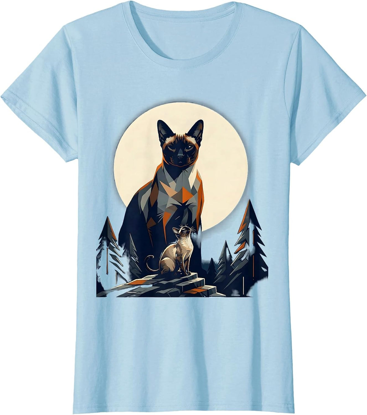 Women's Siamese Cat Howling at Moon Fantasy Nostalgia T-Shirt - Baby Blue