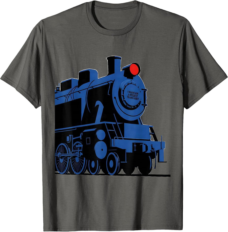 I Maintain A Modest Train Habit Geometric Locomotive Humor T-Shirt - Asphalt Grey