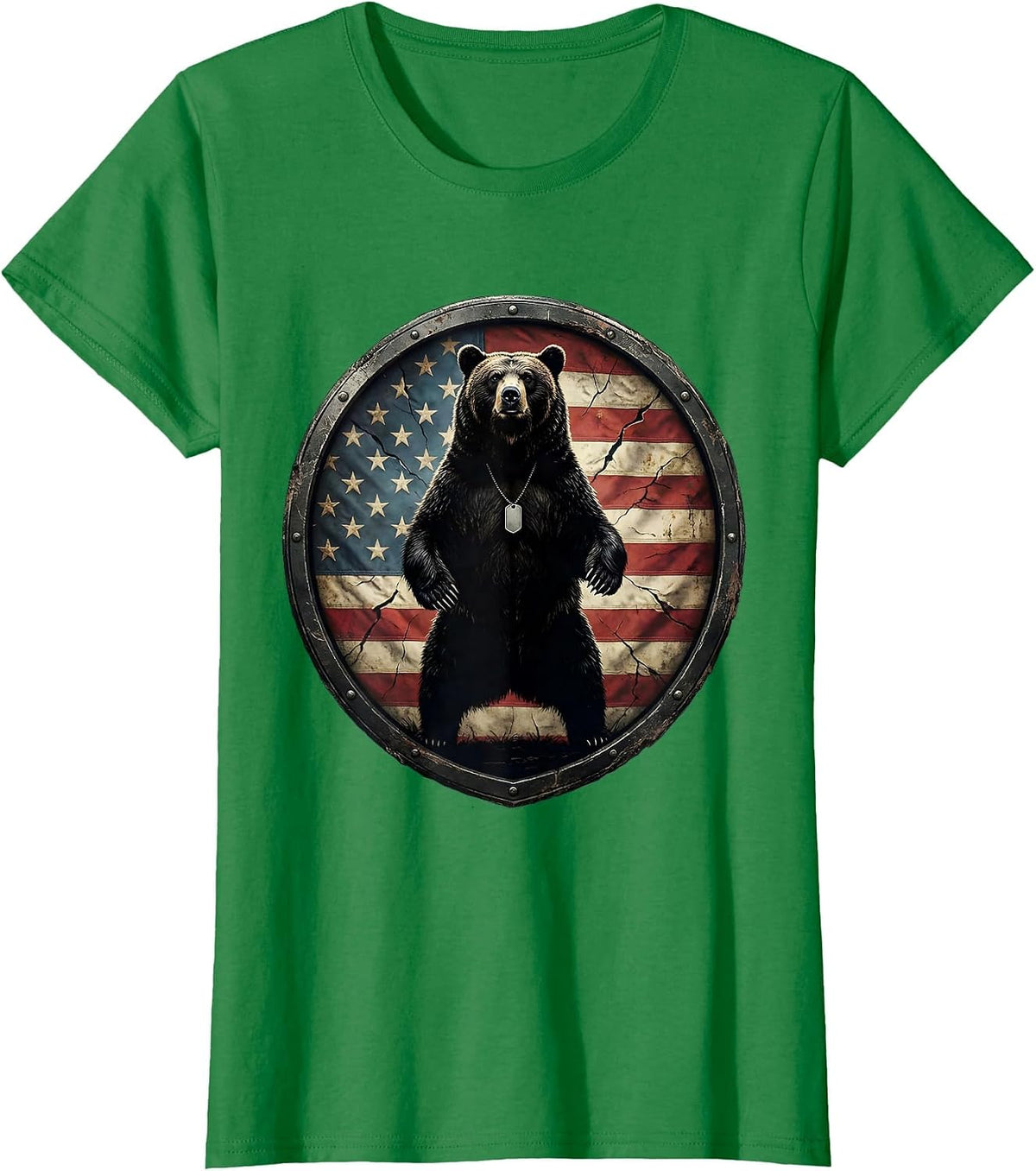 Women's Patriotic Grizzly Bear Military Dog Tags T-Shirt - Kelly Green