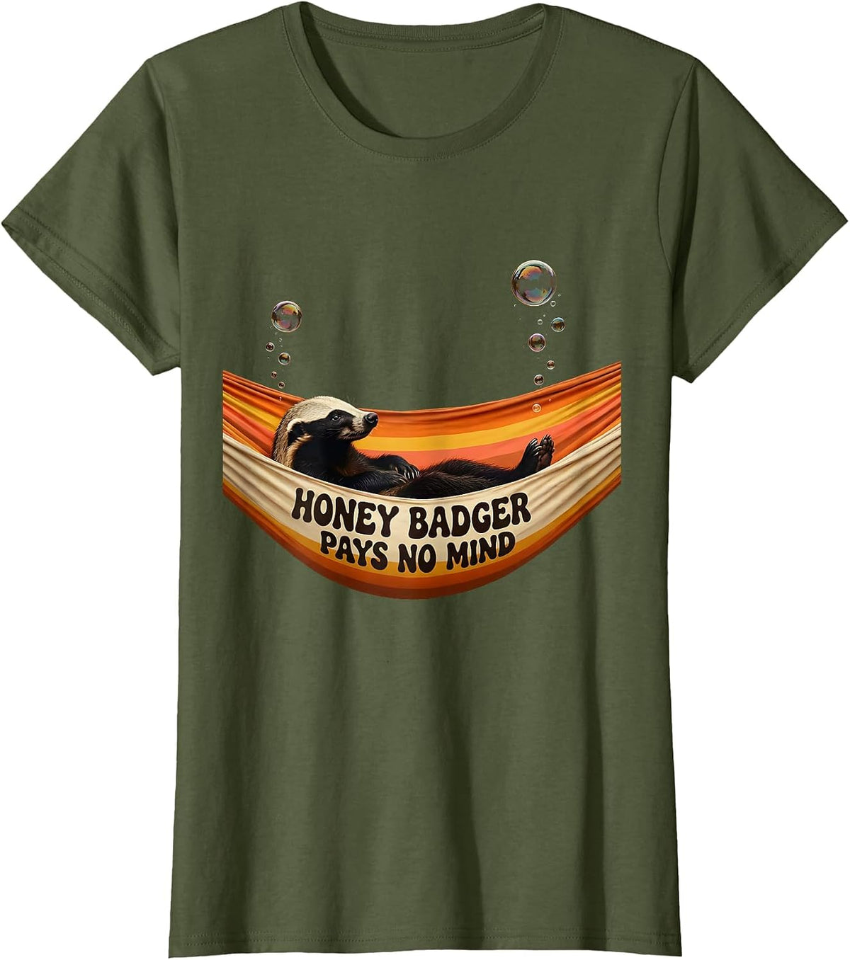 Women's Honey Badger Pays No Mind Funny Animal Humor Retro 70s T-Shirt - Olive Green