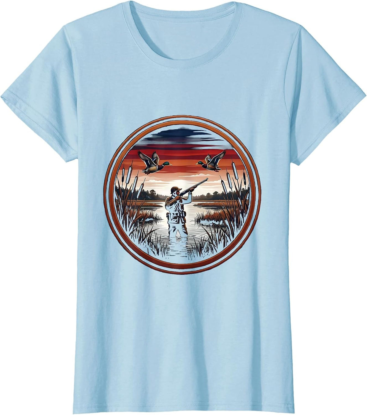 Women's Duck Hunter Rising from Marsh Reeds Illustration T-Shirt - Baby Blue