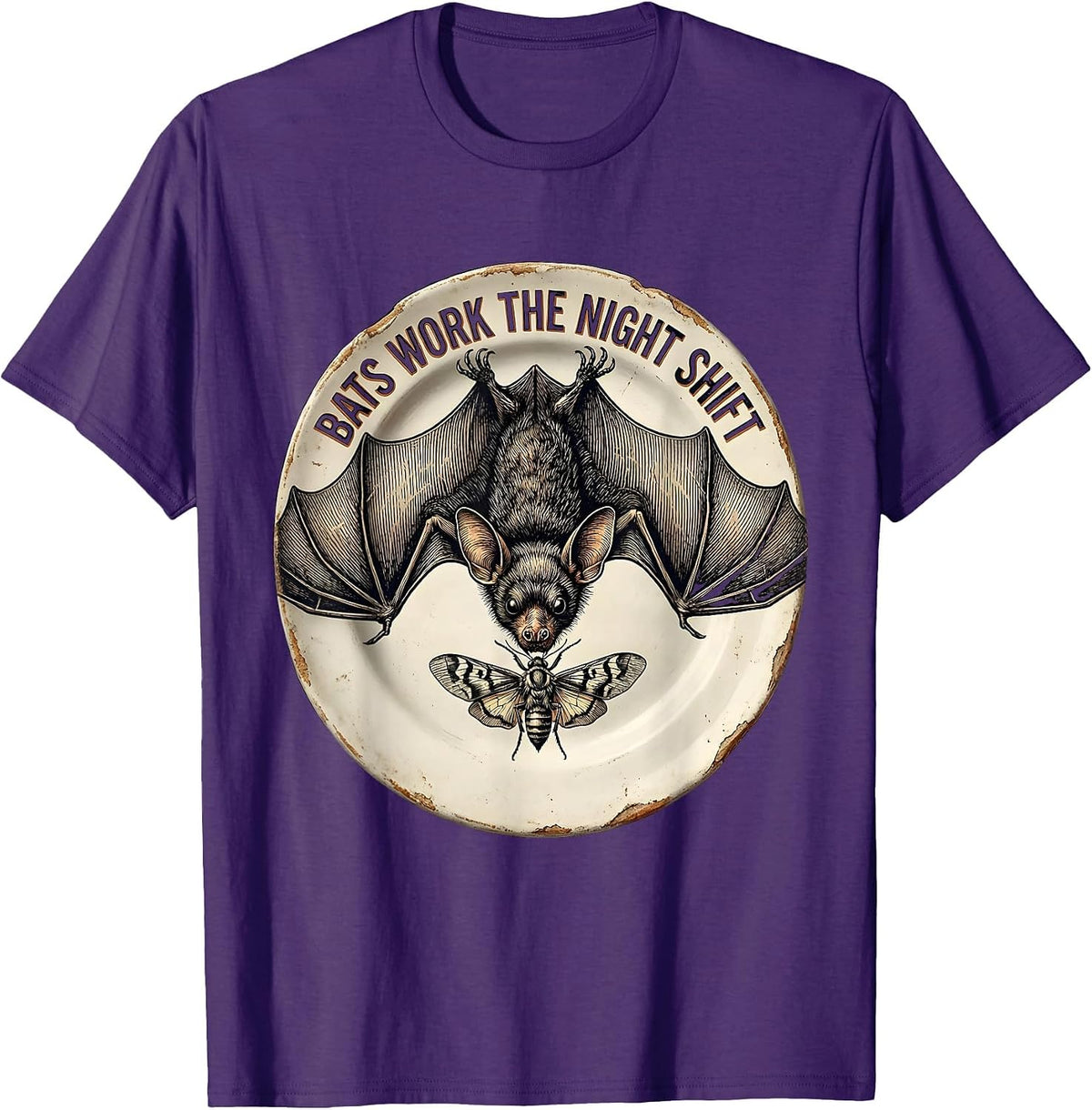 Men's Bats Work The Night Shift Vintage Bat Lover Halloween Humor T-Shirt - Purple