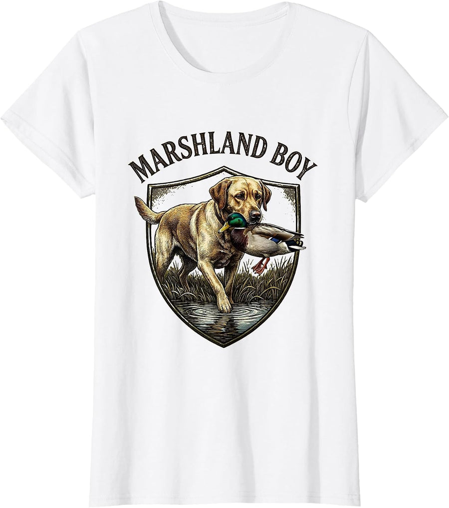 Women's Marshland Boy Vintage Emblem Labrador Duck Hunting Rural T-Shirt - White