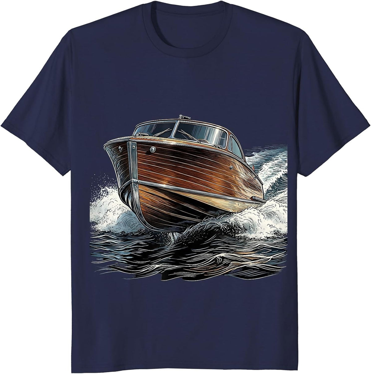 Vintage Speedboat Foamy Wake Retro Nautical Design T-Shirt - Navy Blue