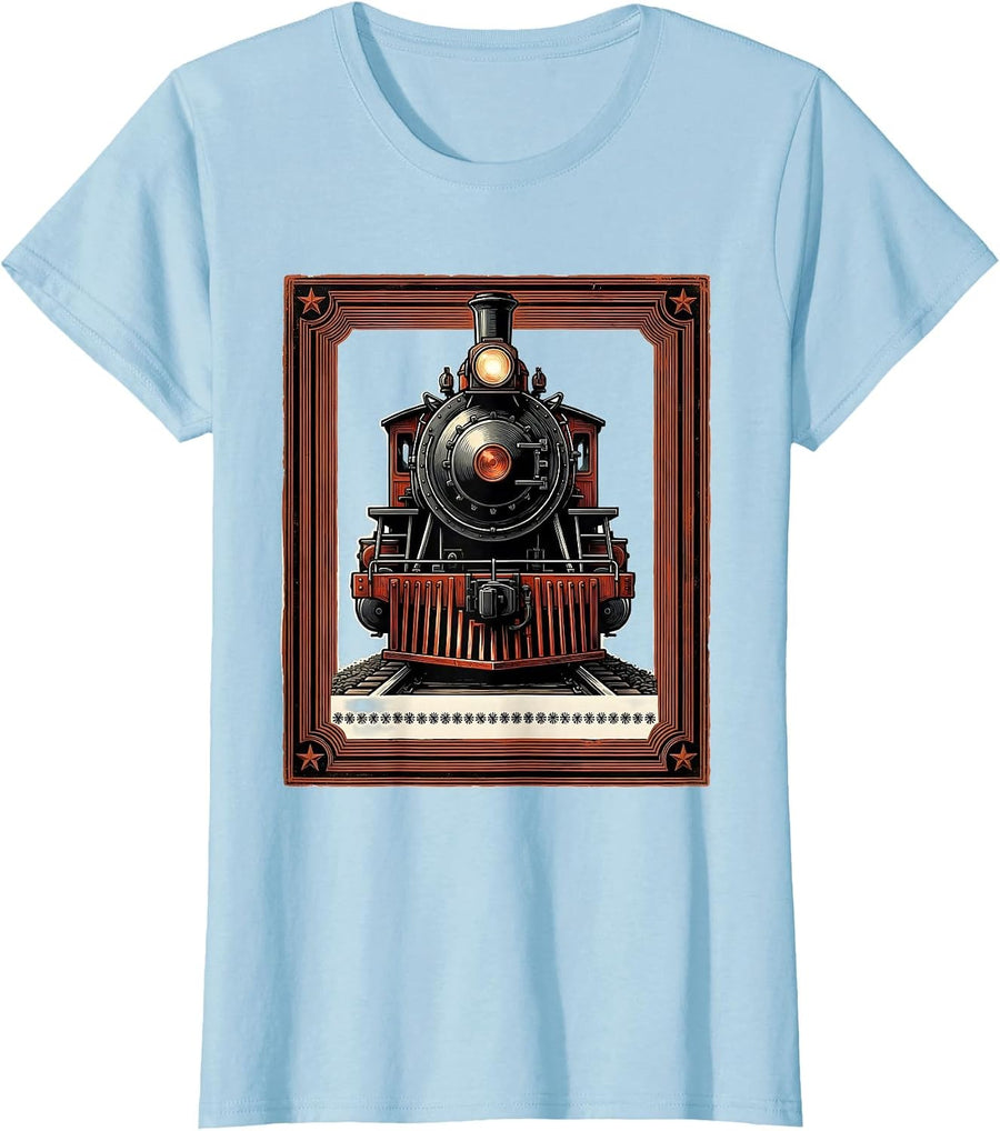Women's Steam Locomotive Plate Vintage Train Enthusiast Gift T-Shirt - Baby Blue