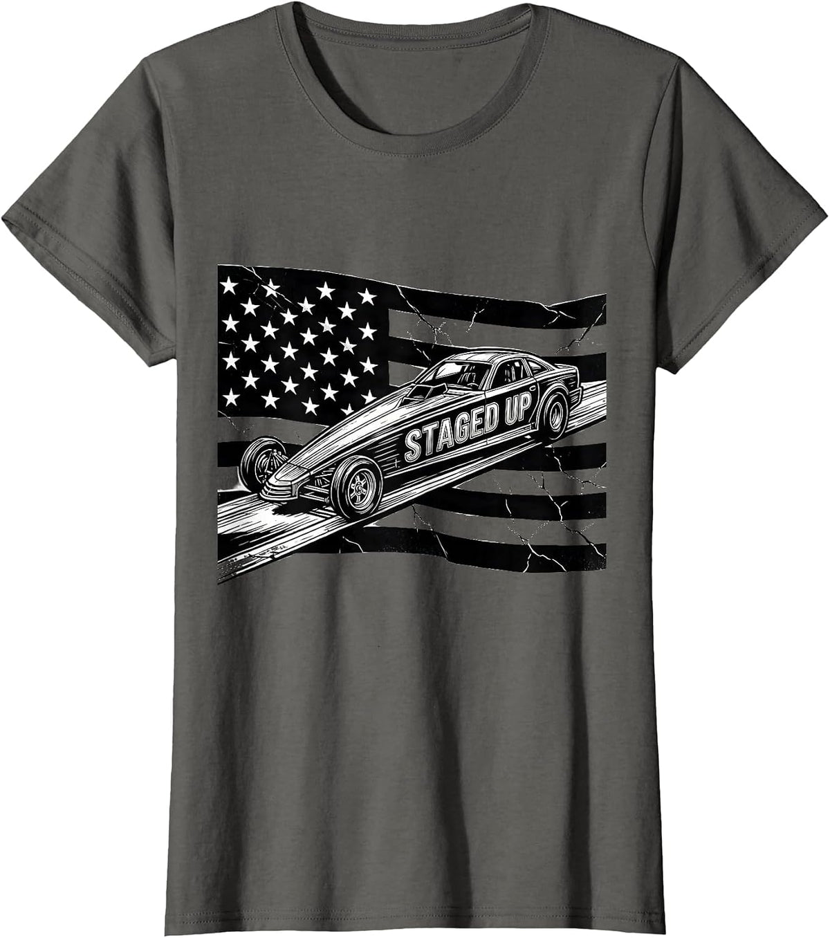 Women's Staged Up Line Art RC Dragster American Flag Racing Hobbyist T-Shirt - Asphalt Grey
